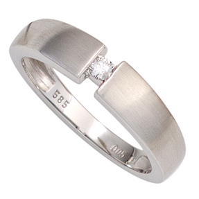 Solitär Spannring Ring Diamant Brillant 0,05 Ct W/P1 585 Gold Weißgold mattiert
