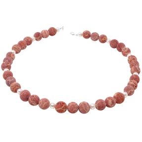 Kette Collier Natur-Koralle mit Poren & Süßwasser-Perlen 925 Silber rot-orange