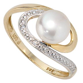 Damenring Zuchtperle & Diamanten Brillanten 585 Gold Gelbgold Fingerschmuck