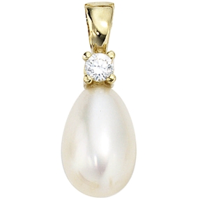 Anhänger Süßwasser-Zuchtperle & Zirkonia & 333 Gelbgold Halsschmuck Damen