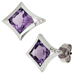 Ohrstecker Stecker Amethyst & 4 Diamanten Brillanten 585 Weißgold Ohrschmuck Ohrstecker Stecker Amethyst & 4 Diamanten Brillanten 585 Weißgold Ohrschmuck