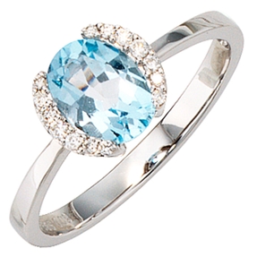 Damenring Ring aus 585 Weißgold mit Topas Blautopas & 14 Diamanten Brillanten