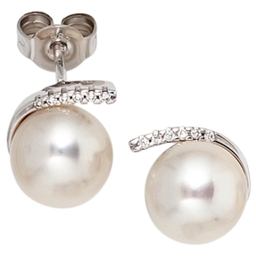 Wunderschöne Ohrstecker aus 585 Weißgold mit Perlen & 12 Diamanten Ohrschmuck