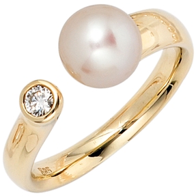 Ring Damenring aus 585 Gold Gelbgold mit Perle & Diamant Brillant Goldring