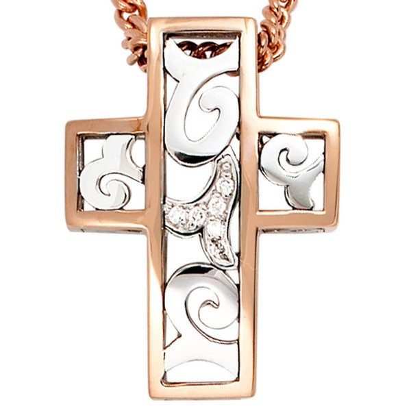 Anhänger Kreuz aus 585 Gold bicolor 6 Diamanten