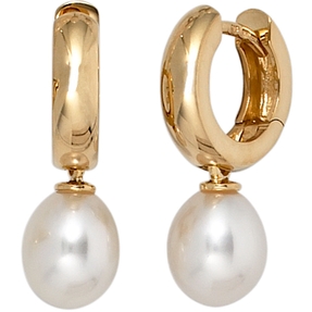 Ohrhänger Creolen Ohrringe Süßwasserperlen 585 Gold Gelbgold creme weiß Damen