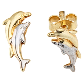 Ohrstecker Delfine aus 333 Gold Gelbgold rhodiniert bicolor Ohrringe für Damen