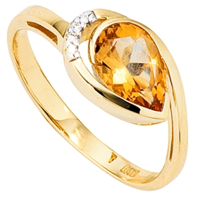 Goldring Ring Citrin & 4 Diamanten Brillanten 0.02Ct 585 Gold Gelbgold Damen