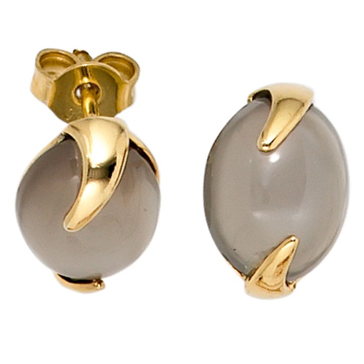 Ohrstecker mit Mondstein grau 585 Gelbgold
