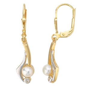 Ohrringe Ohrhänger Boutons Süßwasser Perlen & Zirkonia 333 Gelbgold Damen