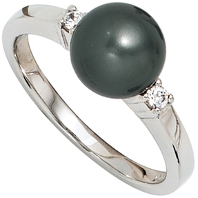 Ring Damenring dunkle synthetische Perle & Zirkonia 925 Silber Damen