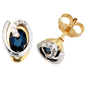 Ohrstecker Ohrschmuck Saphir & 10 Diamanten 585 Gelbgold & Weißgold Damen Ohrstecker Ohrschmuck Saphir & 10 Diamanten 585 Gelbgold & Weißgold Damen