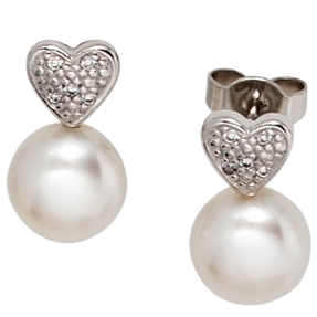 Ohrstecker Herz Herzen Perlen & 10 Diamanten Brillanten 585 Weißgold Damen