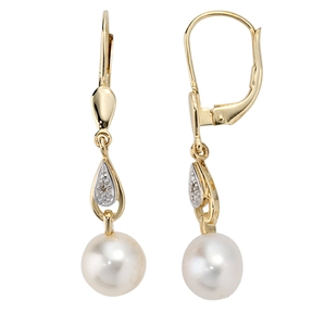 Ohrringe Ohrhänger Süßwasser Perlen & Diamant Brillanten 585 Gold für Damen