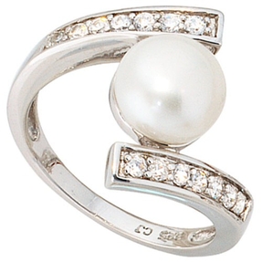 Ring Damenring mit Süßwasser Zuchtperle & Zirkonia 925 Silber Perlenring