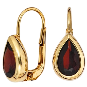 Ohrringe Boutons Granat rot dunkelrot tropfenförmig 375 Gold Gelbgold