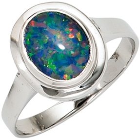 Ring Damenring mit Opal Opaltriplette oval blau-grün 585 Gold Weißgold