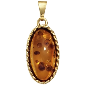 Anhänger echter Bernstein orange-braun oval mit 375 Gold Gelbgold
