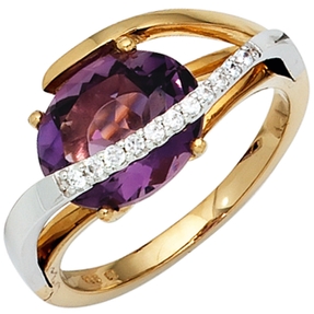 Ring Damenring Amethyst lila & 11 Diamant-Brillanten 585 Gold gelb/weiß Ring Damenring Amethyst lila & 11 Diamant-Brillanten 585 Gold gelb/weiß