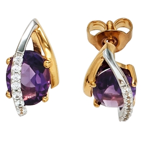 Ohrstecker Amethyst lila & 14 Diamanten Brillanten 585 Gold gelb/weiß