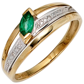 Ring Damenring mit Smaragd grün & 2 Diamanten Brillanten 0.01Ct 585 Gelbgold