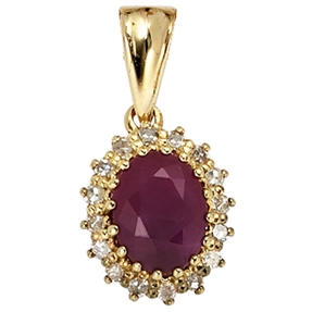 Anhänger Rubin rot & 16 Diamanten Brillanten 585 Gold Gelbgold oval