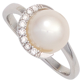 Ring Perlenring Süßwasser Zuchtperle & 8 Brillanten 585 Gold Weißgold