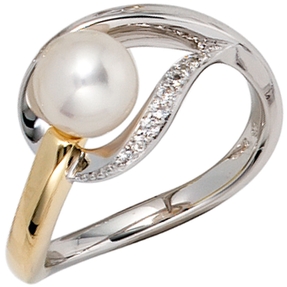Ring Damenring Süßwasser Perle 9 Diamanten Brillanten 585 Gold bicolor