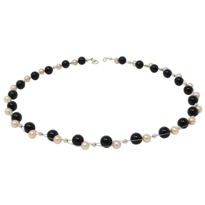 Kette Collier aus echten Perlen & Onyx schwarz rose Halsschmuck Damen