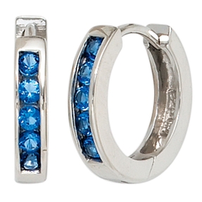 Creolen Creole 14,5mm Ohrringe 925 Silber mit Zirkonia blau dunkelblau