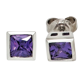Ohrstecker Ohrringe aus 925 Silber mit Zirkonia lila quadratisch Damen