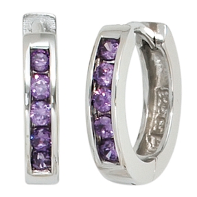 Creolen Creole 925 Silber mit 10 Zirkonia lila Klappmechanik Ohrschmuck