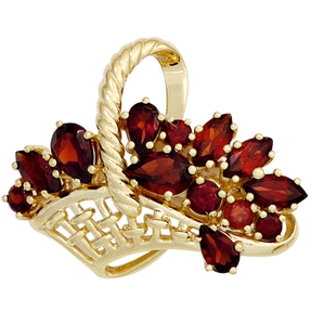 Brosche Anstecker Korb mit Blumen Granat rot 333 Gold Gelbgold Edelstein Damen