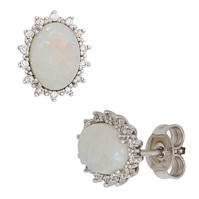 Paar Ohrstecker mit Opal & 28 Diamanten Brillanten 585 Gold Weißgold Damen