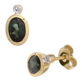 Ohrstecker mit Turmalin grün oval & 2 Brillanten 585 Gold Gelbgold Damen Ohrstecker mit Turmalin grün oval & 2 Brillanten 585 Gold Gelbgold Damen