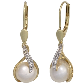 Boutons Ohrringe Ohrhänger Süßwasser Perlen Brillanten 585 Gold Gelbgold Damen