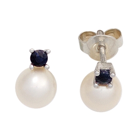 Ohrringe Ohrstecker mit Süßwasser Perle & Saphir blau 585 Gold Weißgold Damen Ohrringe Ohrstecker mit Süßwasser Perle & Saphir blau 585 Gold Weißgold Damen