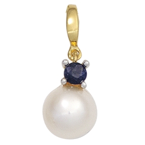 Anhänger mit Süßwasser Perle & Saphir Safir blau 585 Gold gelb/weiß Damen
