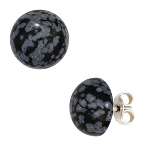Ohrstecker aus Schneeflocken-Obsidian grau-schwarz 10mm rund 925 Silber Damen