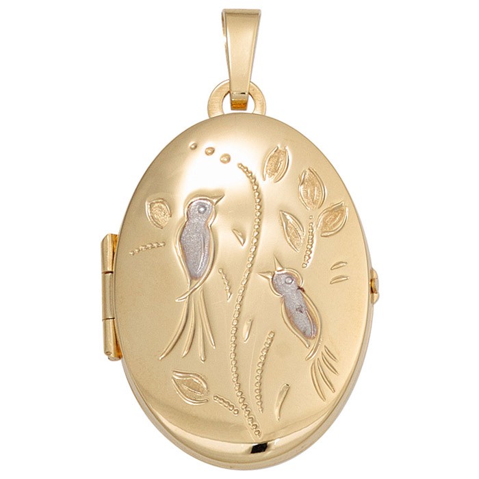 Medaillon Gravur Vögel 333 Gelbgold oval