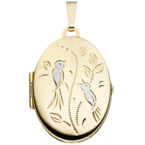 Medaillon Anhänger zum Öffnen Gravur Vögel 333 Gold Gelbgold oval Amulett