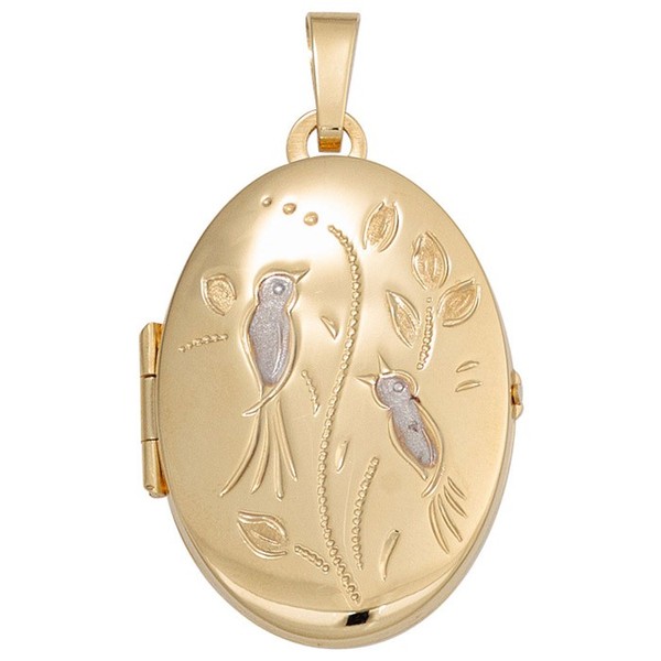 Medaillon Gravur Vögel 333 Gelbgold oval