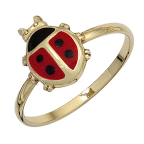 Kinderring Ring Marienkäfer aus 333 Gold Gelbgold schwarz rot lackiert Goldring