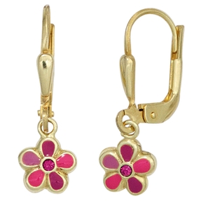 Ohrhänger Boutons Blume Blümchen 333 Gold Gelbgold Glassteine pink Kinder