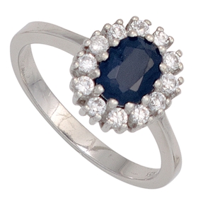 Ring Damenring Safir Saphir blau & Zirkonia rundum weiß 925 Silber oval