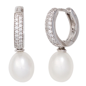 Creolen Ohrschmuck Ohrringe 925 Silber Süßwasser Perlen Zirkonia weiß Damen