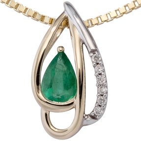 Anhänger mit 6 Diamanten Brillanten grüner Smaragd Tropfenform 585 Gold