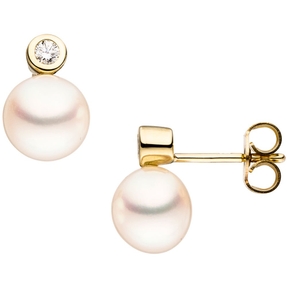 Paar Ohrstecker Ohrschmuck mit Süßwasser Perlen & Zirkonia 333 Gold Gelbgold