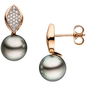 Paar Ohrstecker mit grauen Tahiti Perlen & 44 Diamanten Brillanten 585 Rotgold