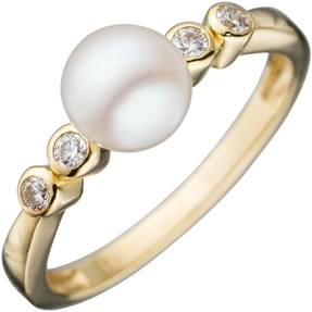 Ring Damenring Goldring mit weißer Perle & Zirkonia 333 Gold Gelbgold Perlenring